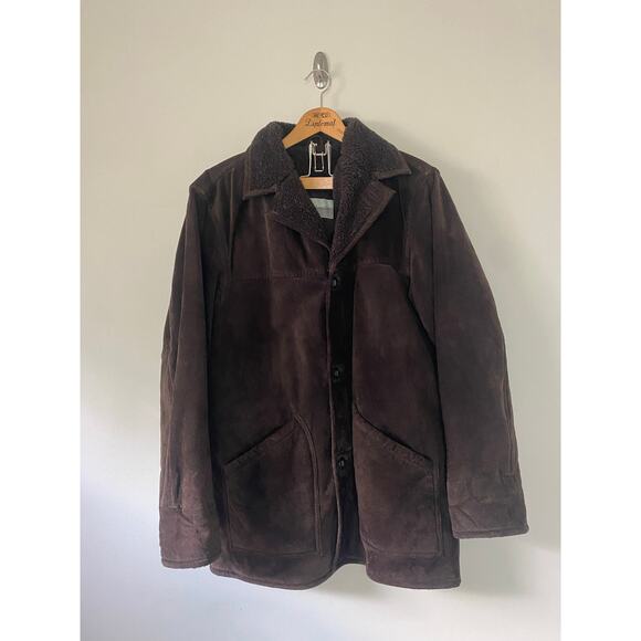 EUC Vintage 90s Fieldmaster Suede Leather Brown Coat Jacket Faux Sherpa Lining M - Picture 1 of 6